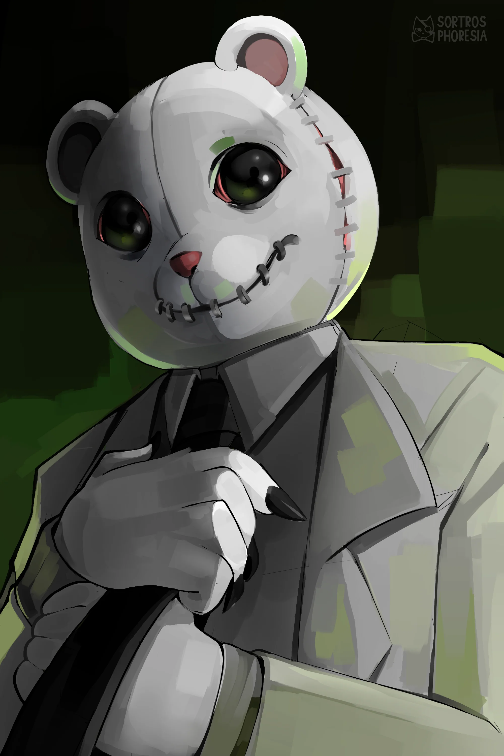 A drawing of Curucuho in a more realistic yet horrific depiction. He is still a polar bear with a white head and paws with claws, but his eyes are very large to the point it looks like a mascot's costume. His head is split down the side and stapled together, and his mouth is sewn shut. He still wears a classic white suit but also has a black tie.